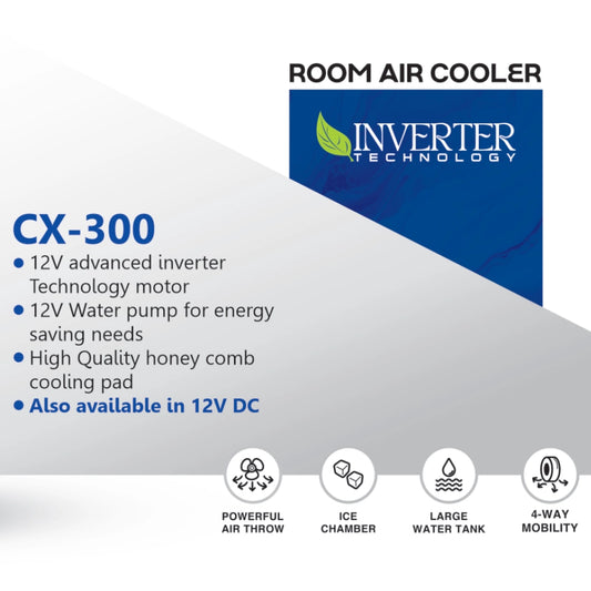 Climax CX-300 12V DC Inverter Room Air Cooler – Honeycomb Pad – Energy Saving