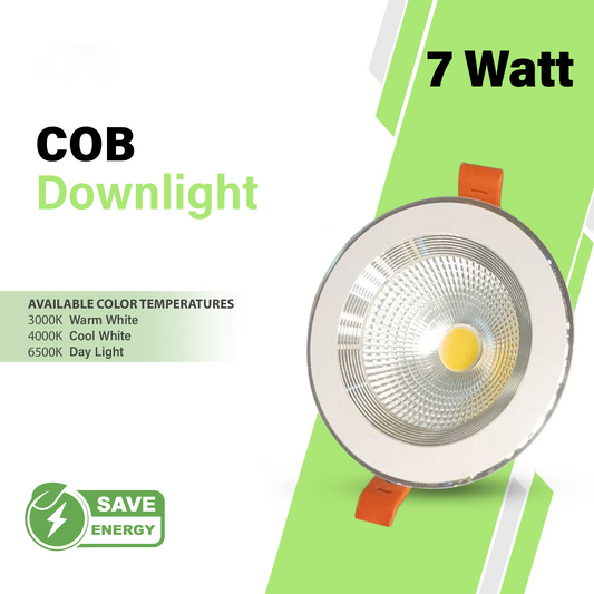 NJS COB Downlight in 7 watt with energy saving and color temperature options on a green and white background