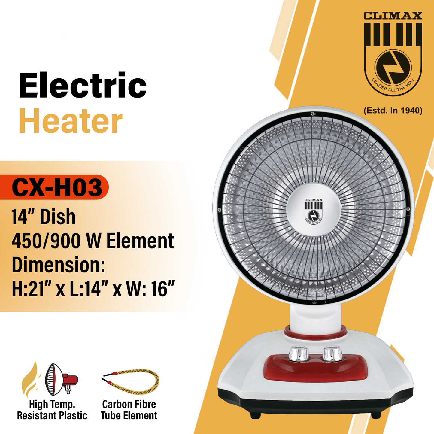Climax CX-H03 Electric Sun Heater – 14" Dish, 450/900W | Halogen & Dish Heater