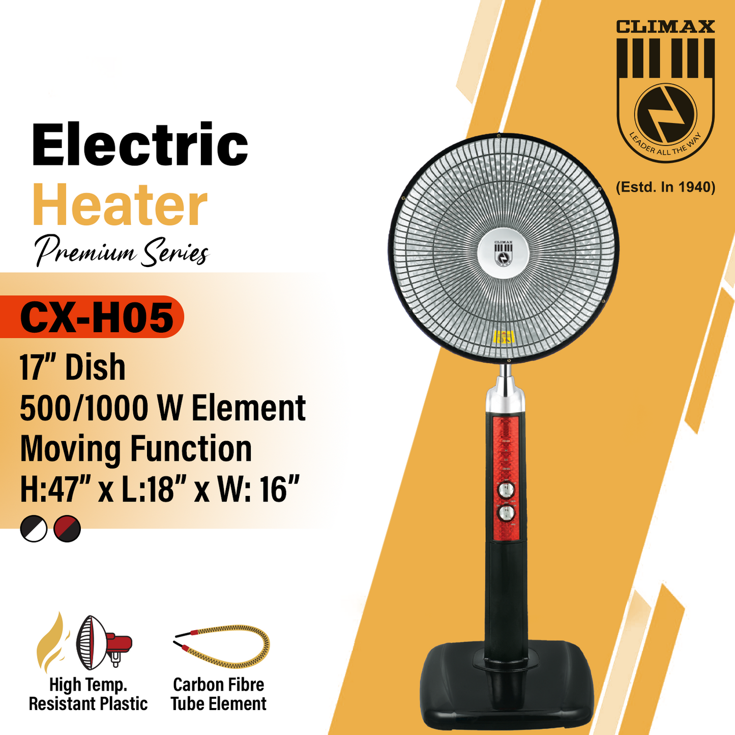 Climax CX-H05 Electric Sun Heater – 17" Dish, 1000W Moving Function | Premium Halogen & Dish Heater