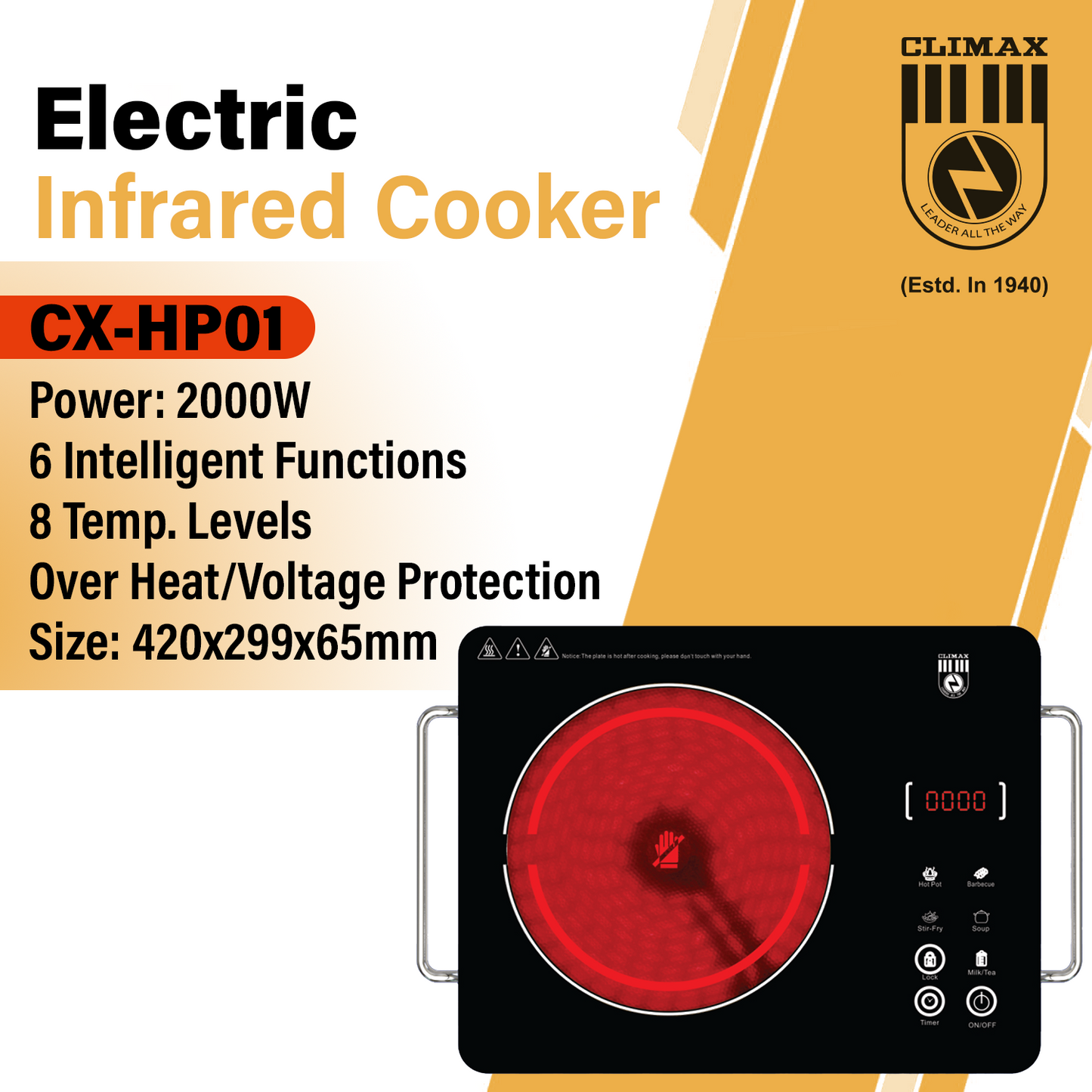 Climax CX-HP01 Infrared Cooker – 2000W Single Plate | Intelligent Electric Cooking Stove