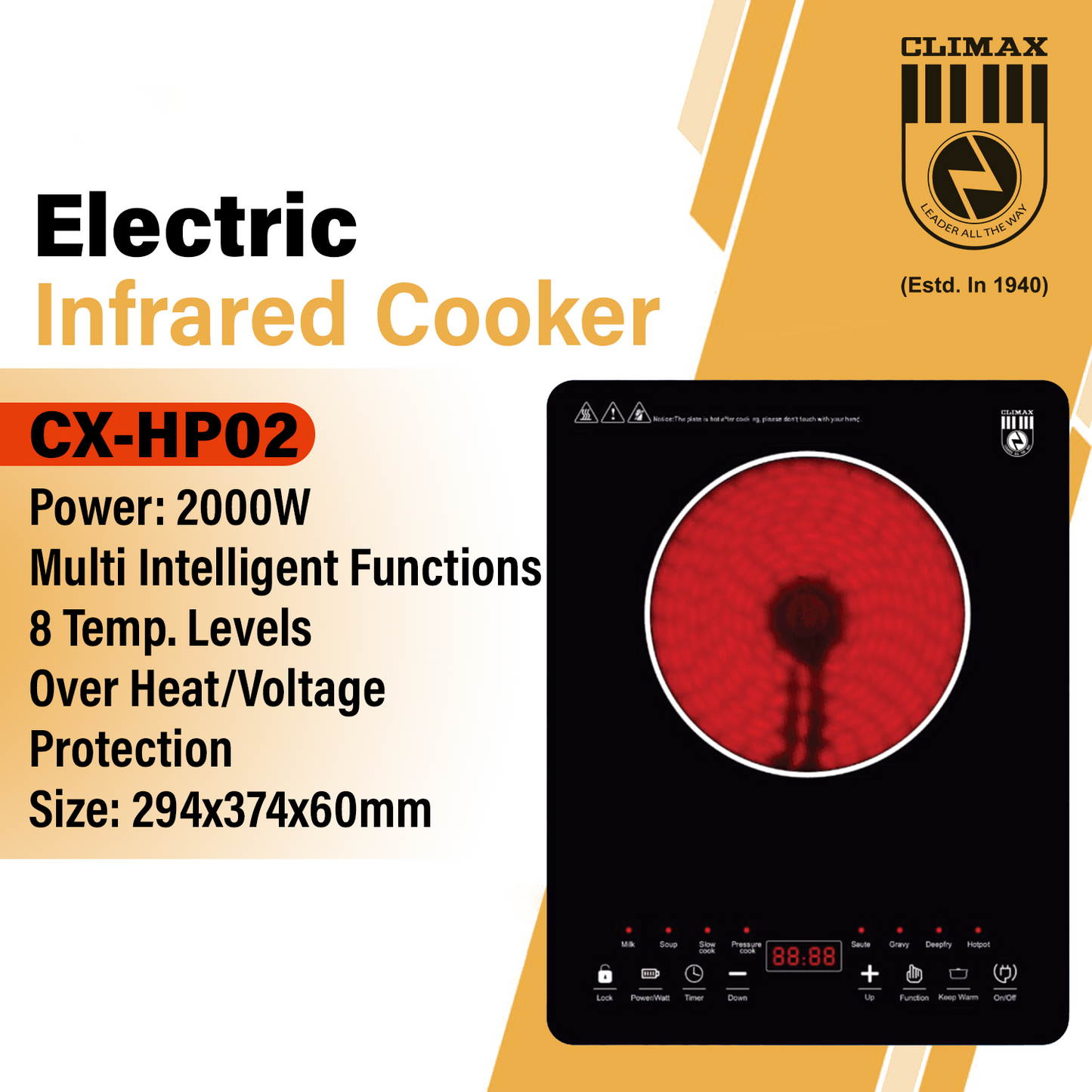 Climax CX-HP02 Infrared Cooker – 2000W Multi-Intelligent Electric Stove | Smart Ceramic Cooking Plate