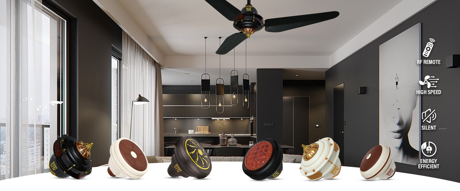Different models of NJS Ceiling fans displayed in front of a modern room