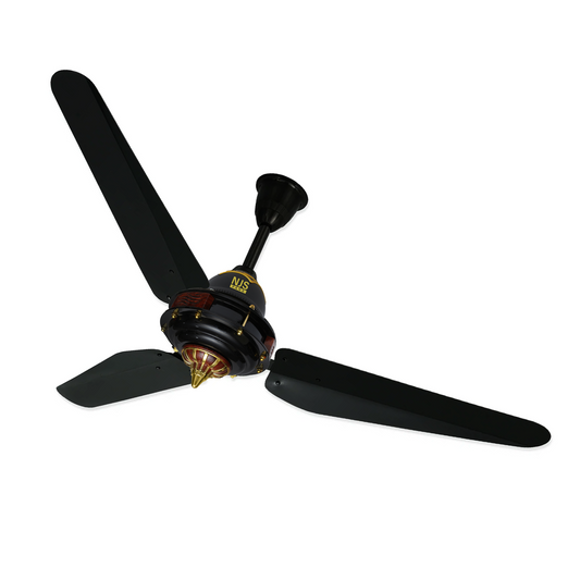NJS Grace model ceiling fan in black color with golden and brown design, black blades on white background