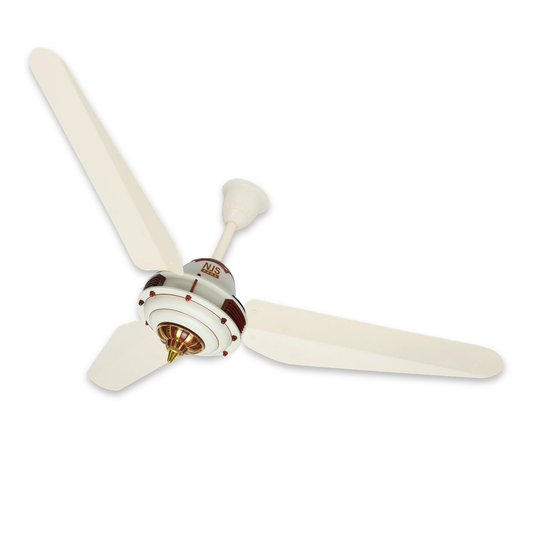 NJS Grace model ceiling fan in off-white color with golden and brown design, off-white blades on white background