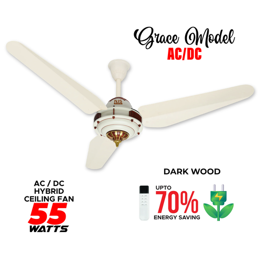 NJS Grace model ceiling fan in off-white color with golden and brown design, off-white blades, remote control, AC/DC hybrid, 55 watts, energy saving features.