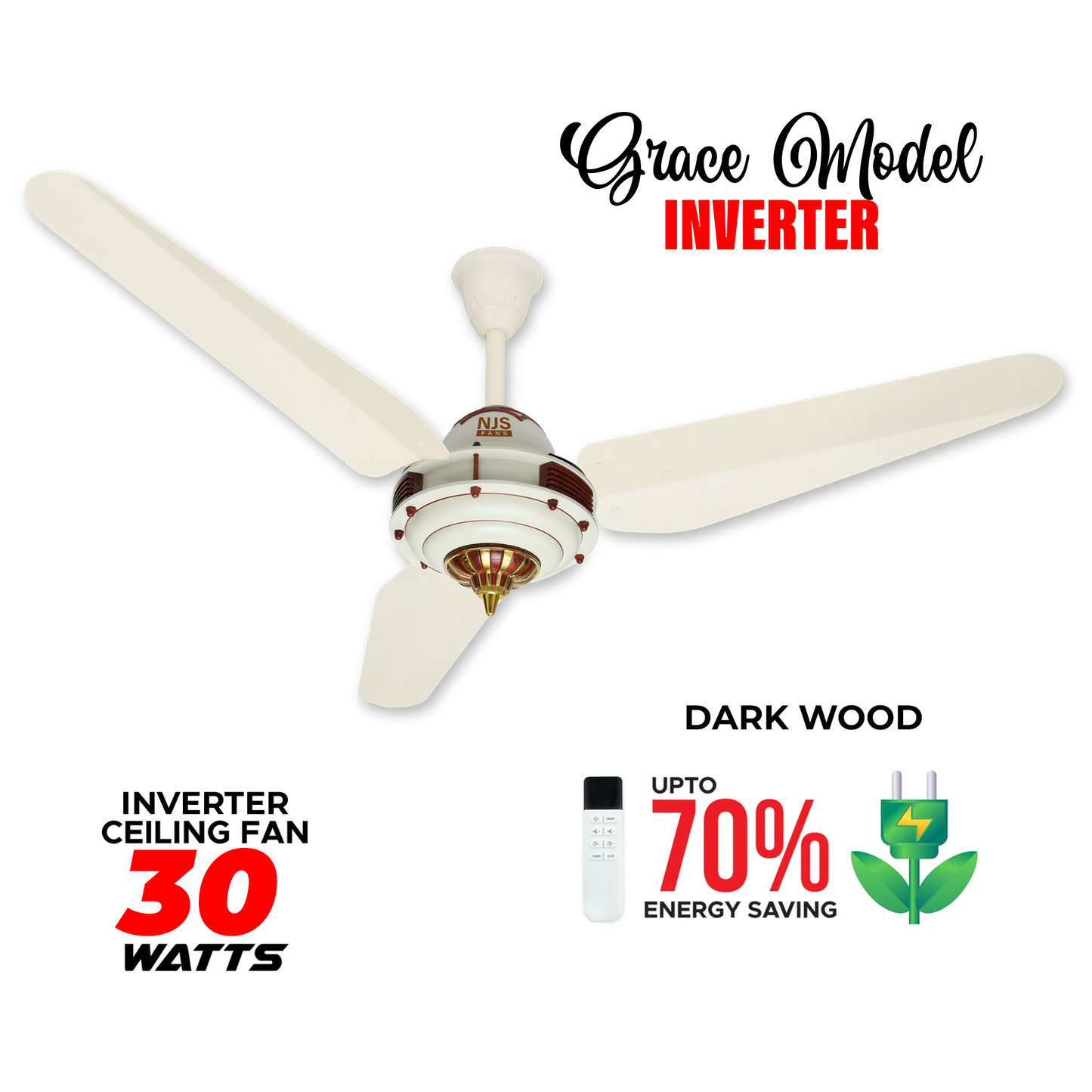 NJS Grace Inverter Ceiling Fan - 30 Watt Energy Saving - Dark Wood Color