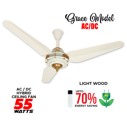NJS Grace model ceiling fan in off-white color with golden and brown design, off-white blades, remote control, AC/DC hybrid, 55 watts, energy saving features.