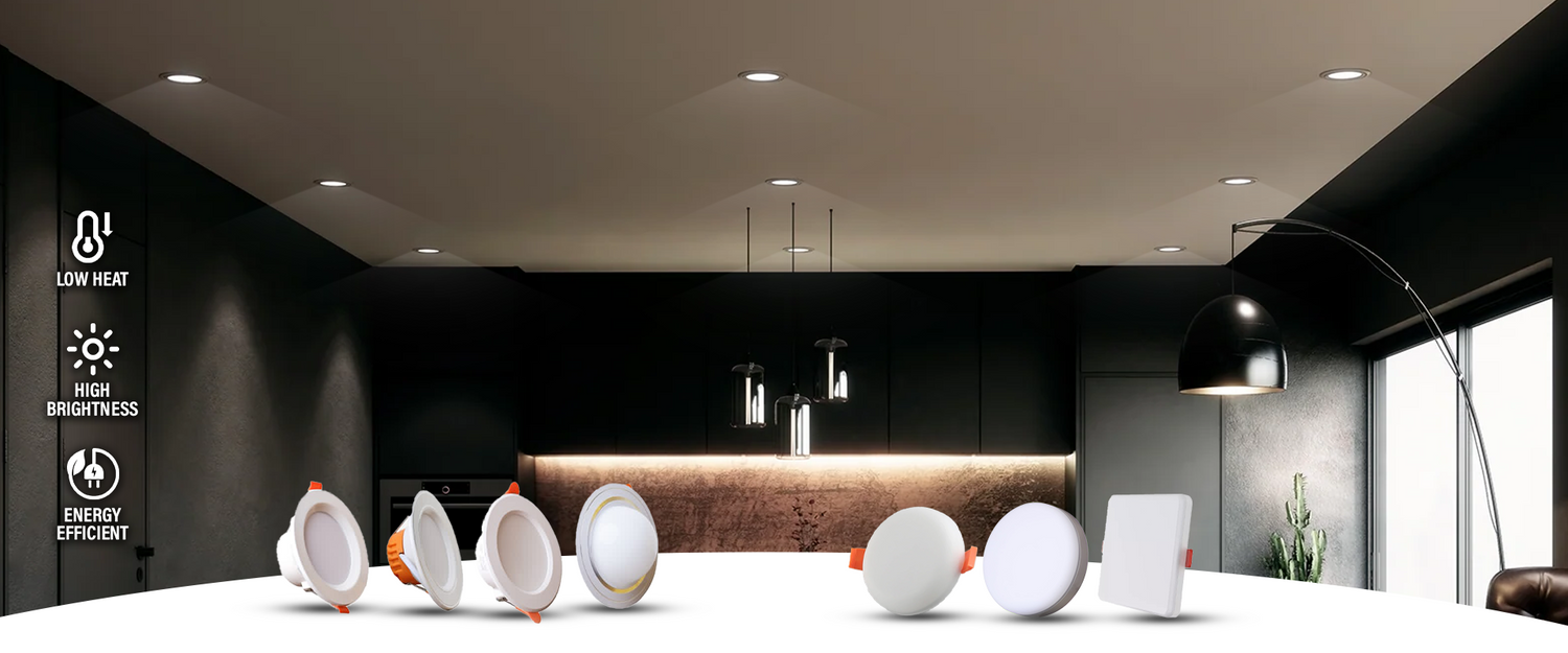 Modern living room displaying NJS branded ceiling lights and energy efficiency features displayed.