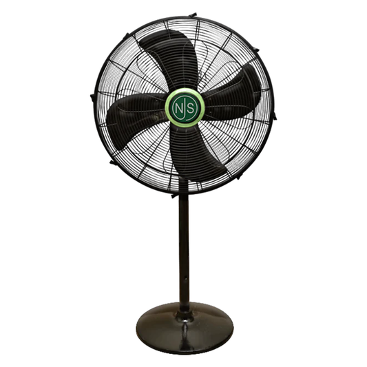 Black stand fan or pedestal fan with a visible NJS brand logo on a white background