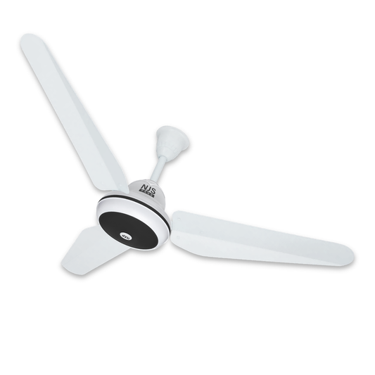 NJS Prime model ceiling fan in white color with black in center, white blades on white background