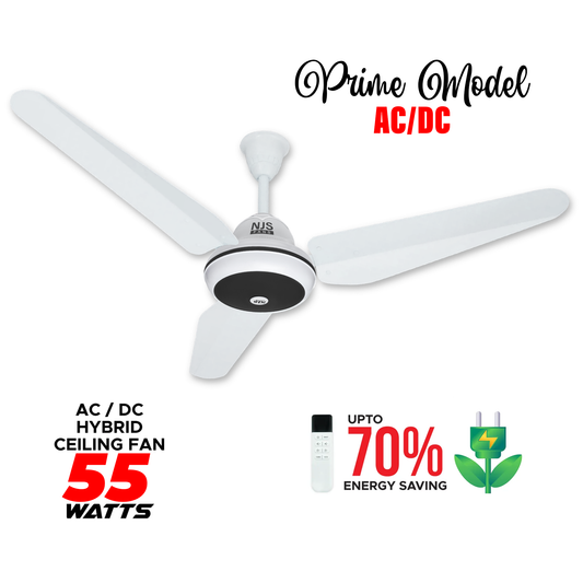 NJS Prime model ceiling fan in white color with black in center, white blades, remote control, AC/DC hybrid, 55 watts, energy saving features.