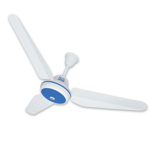 NJS Prime model ceiling fan in white color with blue in center, white blades on white background