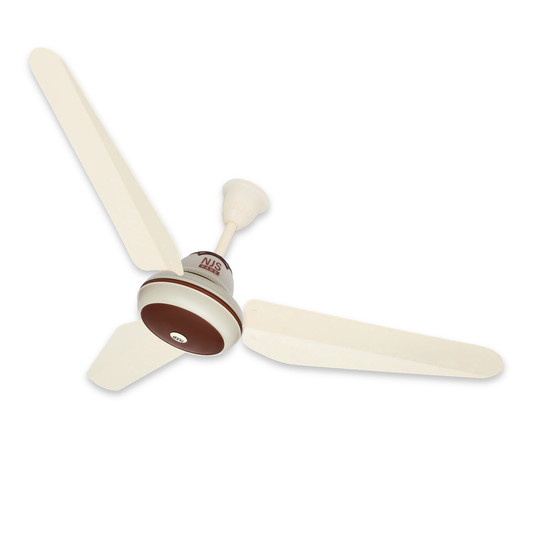 NJS Prime model ceiling fan in off-white color with brown in center, off-white blades on white background