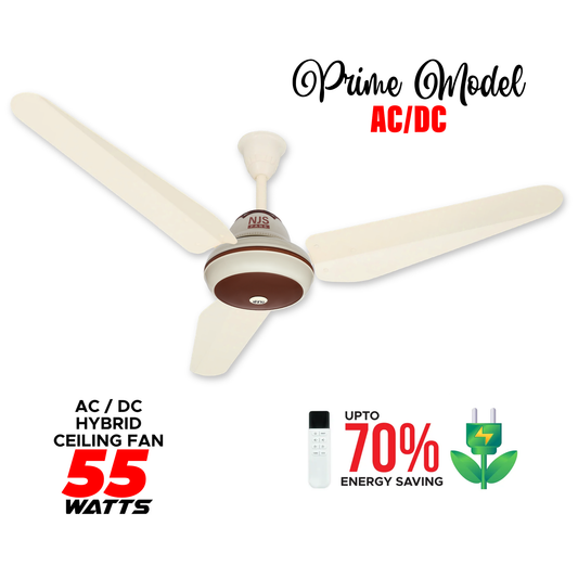 NJS Prime model ceiling fan in off-white color with brown in center, off-white blades, remote control, AC/DC hybrid, 55 watts, energy saving features.