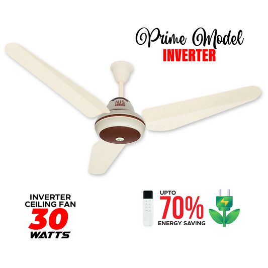 NJS Prime model ceiling fan in off-white color with brown in center, off-white blades, remote control, Inverter technology, 30 watts, energy saving features.