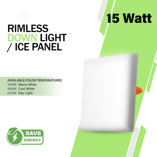 NJS 15 Watt Rimless downlight ice panel in square shape with energy-saving label on a green and white background