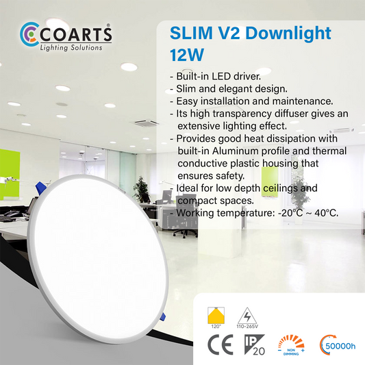 Coarts Slim V2 12W LED recessed downlight with slim profile for home and office ceiling lighting in Pakistan