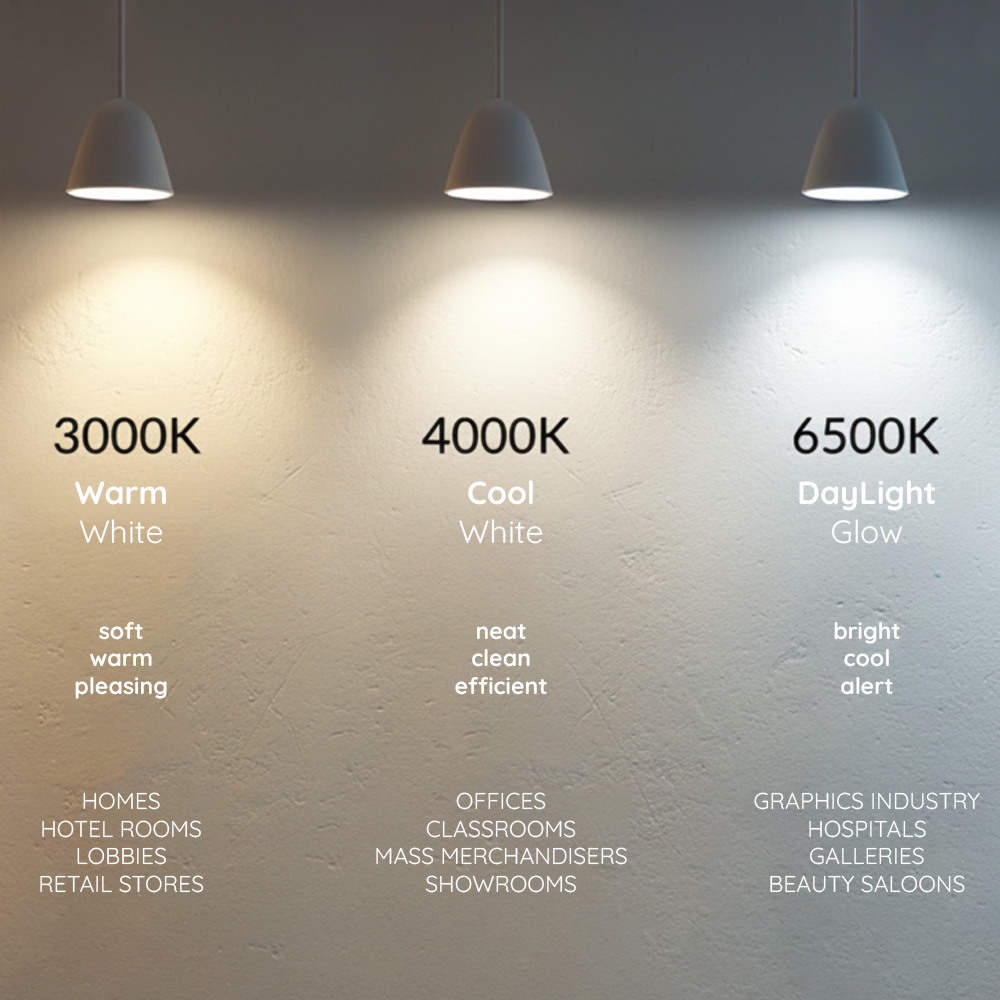 NJS Color temperature guide for LED lights. 3000k (Warm white), 4000k (Cool white), 6500k (Day light)