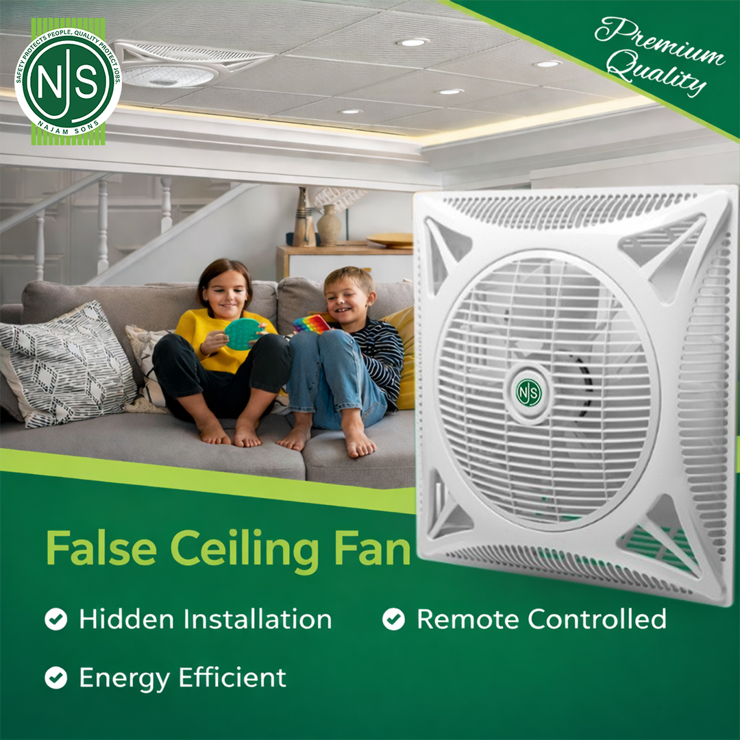 NJS 2x2 False Ceiling Fan, in white color, Stylish Cooling for False Ceilings & Commercial Spaces on white background