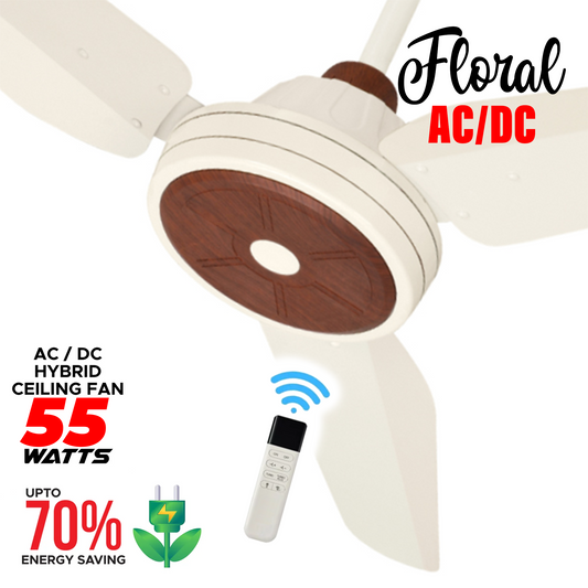 NJS Floral model Ceiling fan in off-white color with wooden texture in center and off-white blades, remote control, AC/DC hybrid, 55 watts, energy saving features.