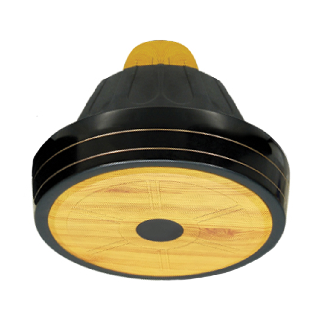 Black NJS floral model ceiling fan with wooden design in the middle on a white background