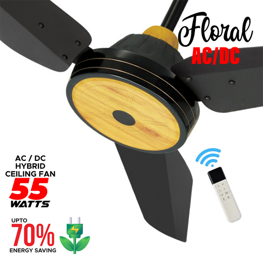 NJS Floral model ceiling fan in black color with wooden center and black blades, remote control, AC/DC hybrid, 55 watts, energy saving features.