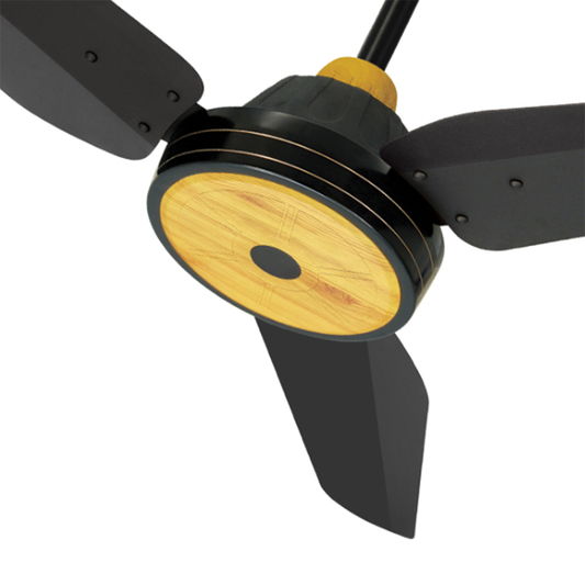 NJS floral model ceiling fan in black with wooden center and black blades