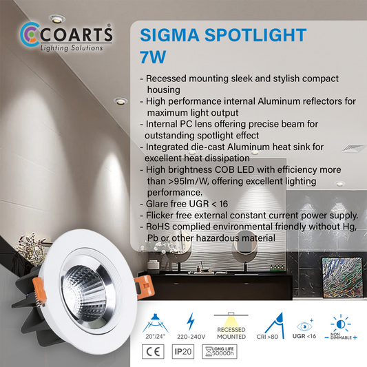 Coarts Sigma 7W COB LED recessed spot light with premium architectural finish for modern residential and commercial accent lighting in Pakistan