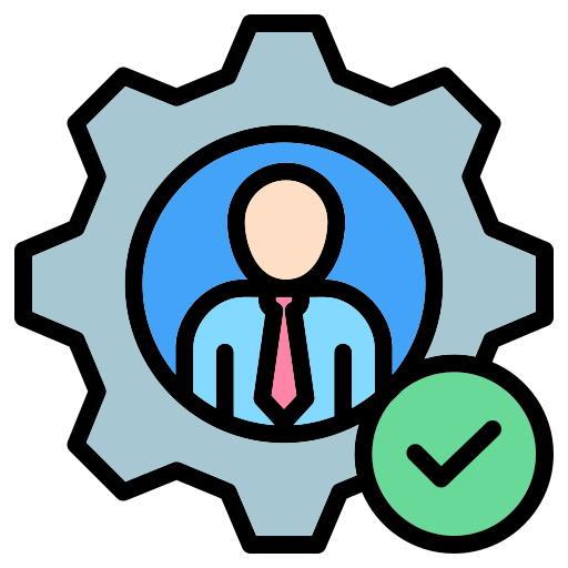 Icon of a person with a tie inside a gear with a green check mark on a white background