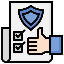 Icon of a document with checkboxes and a blue shield, next to a hand giving a thumbs up.