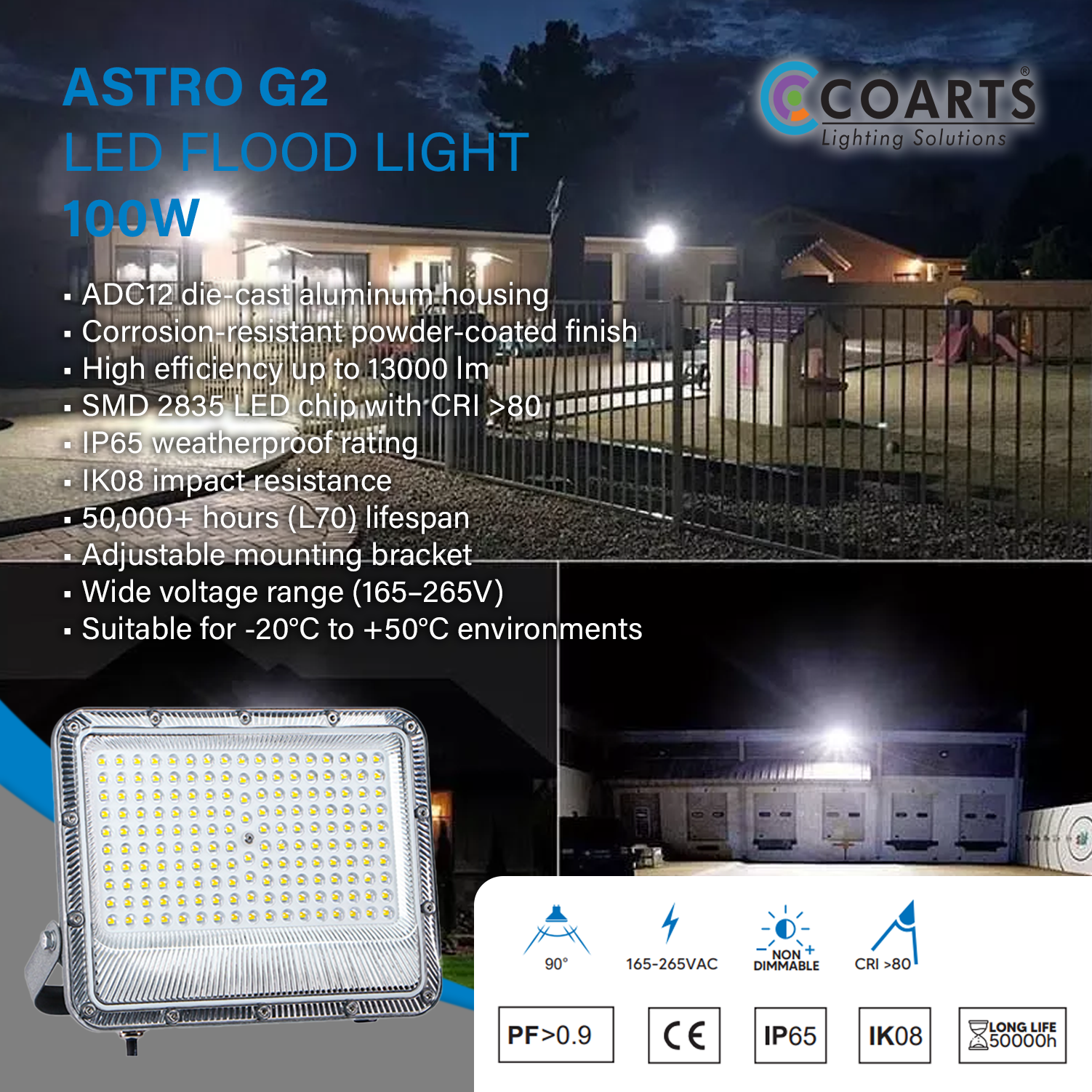 Coarts Astro G2 100W high power LED flood light for industrial and large area outdoor lighting in Pakistan