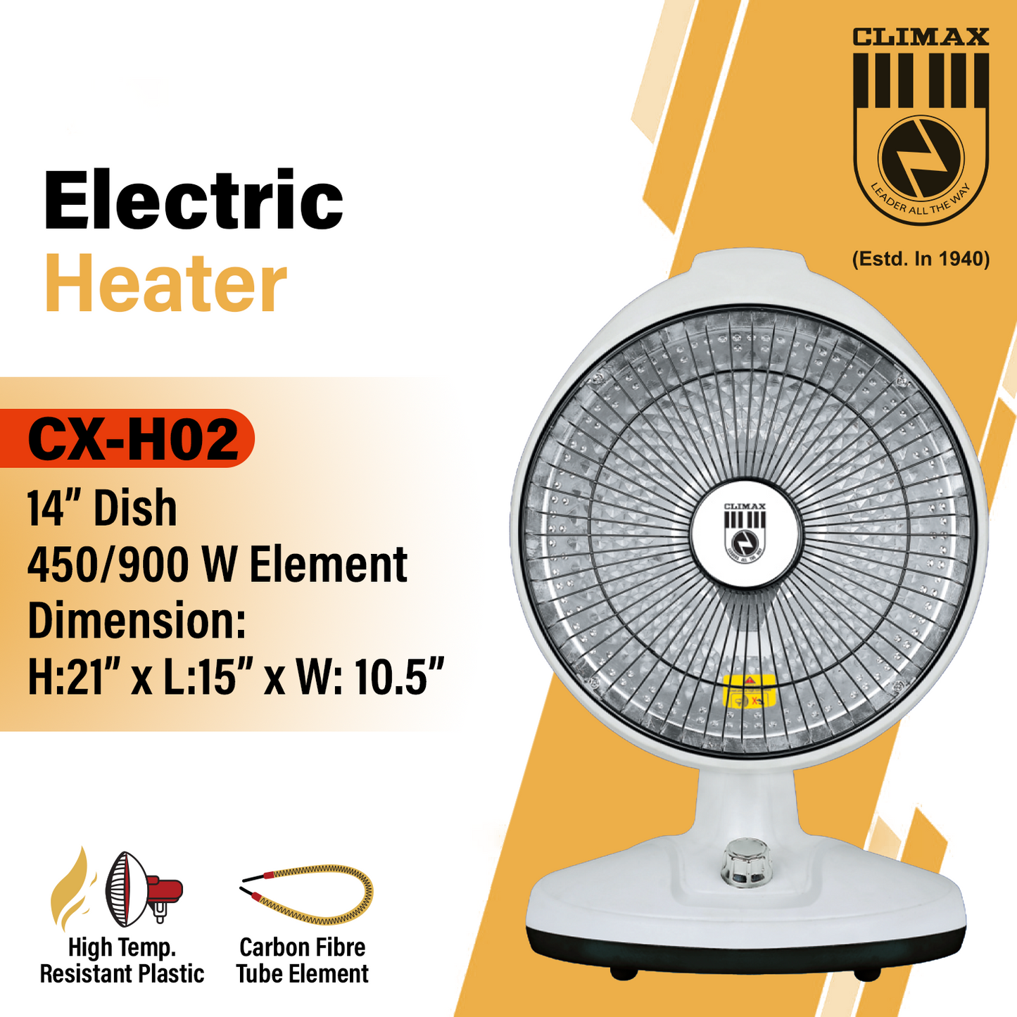Climax CX-H02 Electric Sun Heater – 14" Dish, 450/900W | Halogen & Dish Heater | Energy-Saving & Durable