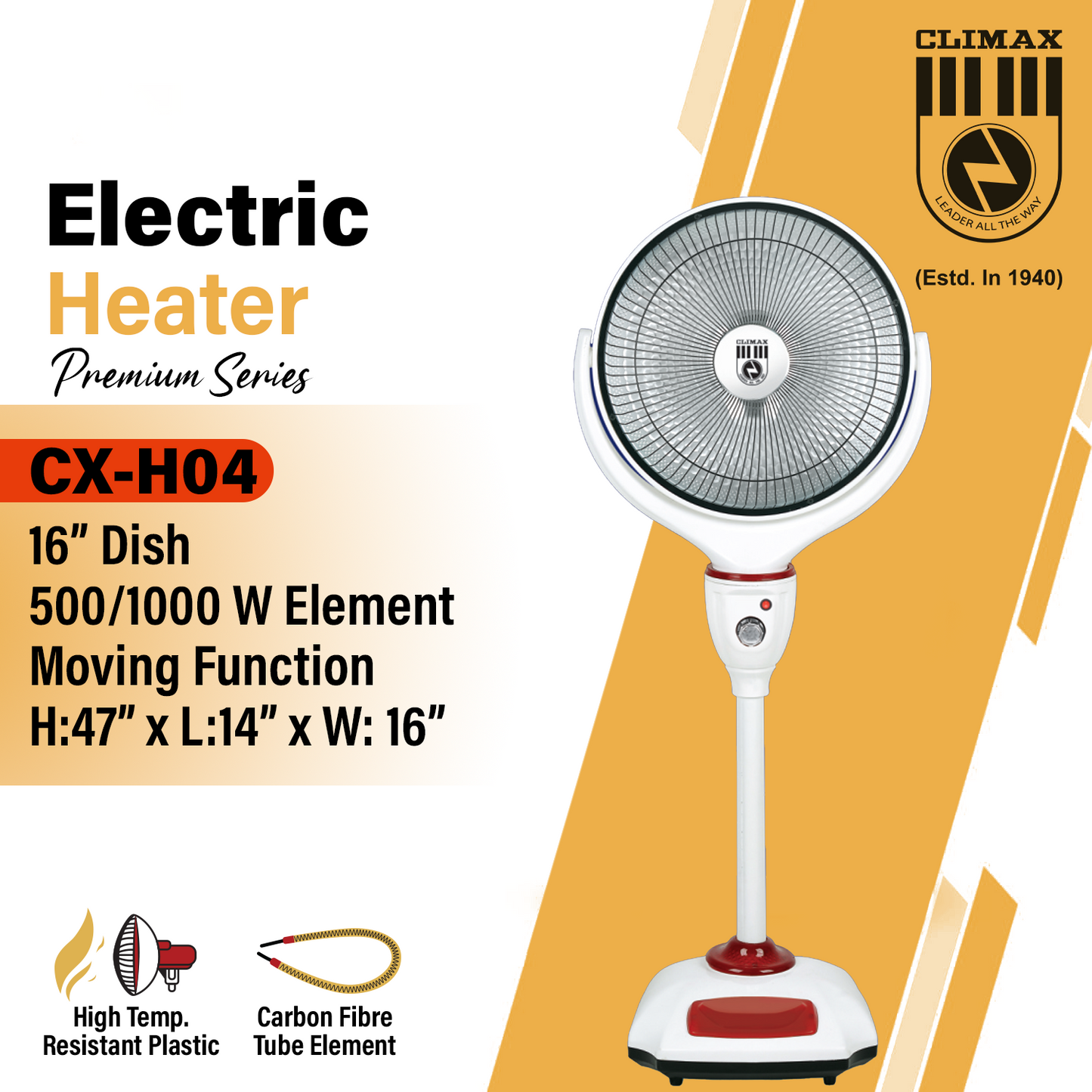 Climax CX-H04 Electric Sun Heater – 16" Dish, 1000W Moving Function | Premium Halogen & Dish Heater