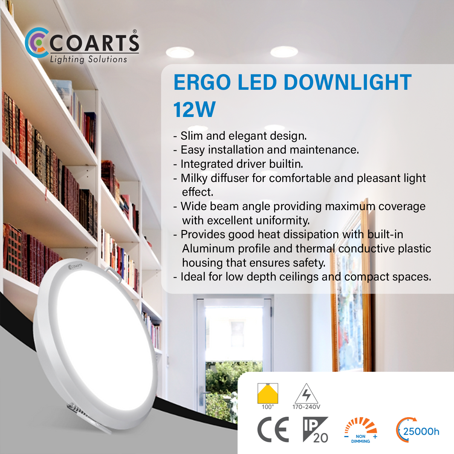 Coarts Ergo 12W LED recessed downlight with premium architectural finish for modern homes and offices in Pakistan