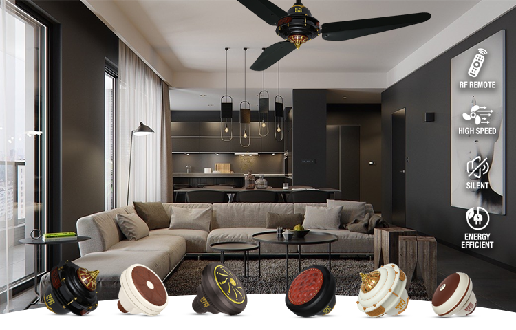 Different models of NJS Ceiling fans displayed in front of a modern room
