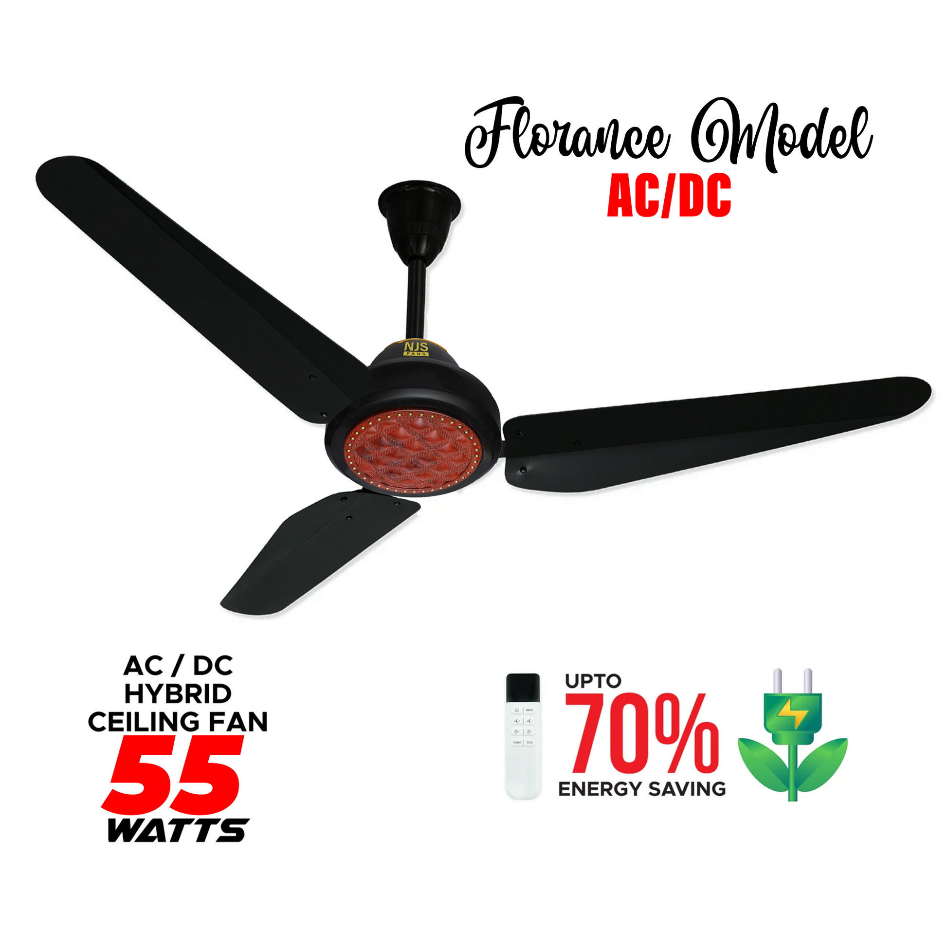 NJS Florance model ceiling fan in black color with brown design, black blades, remote control, AC/DC hybrid, 55 watts, energy saving features.