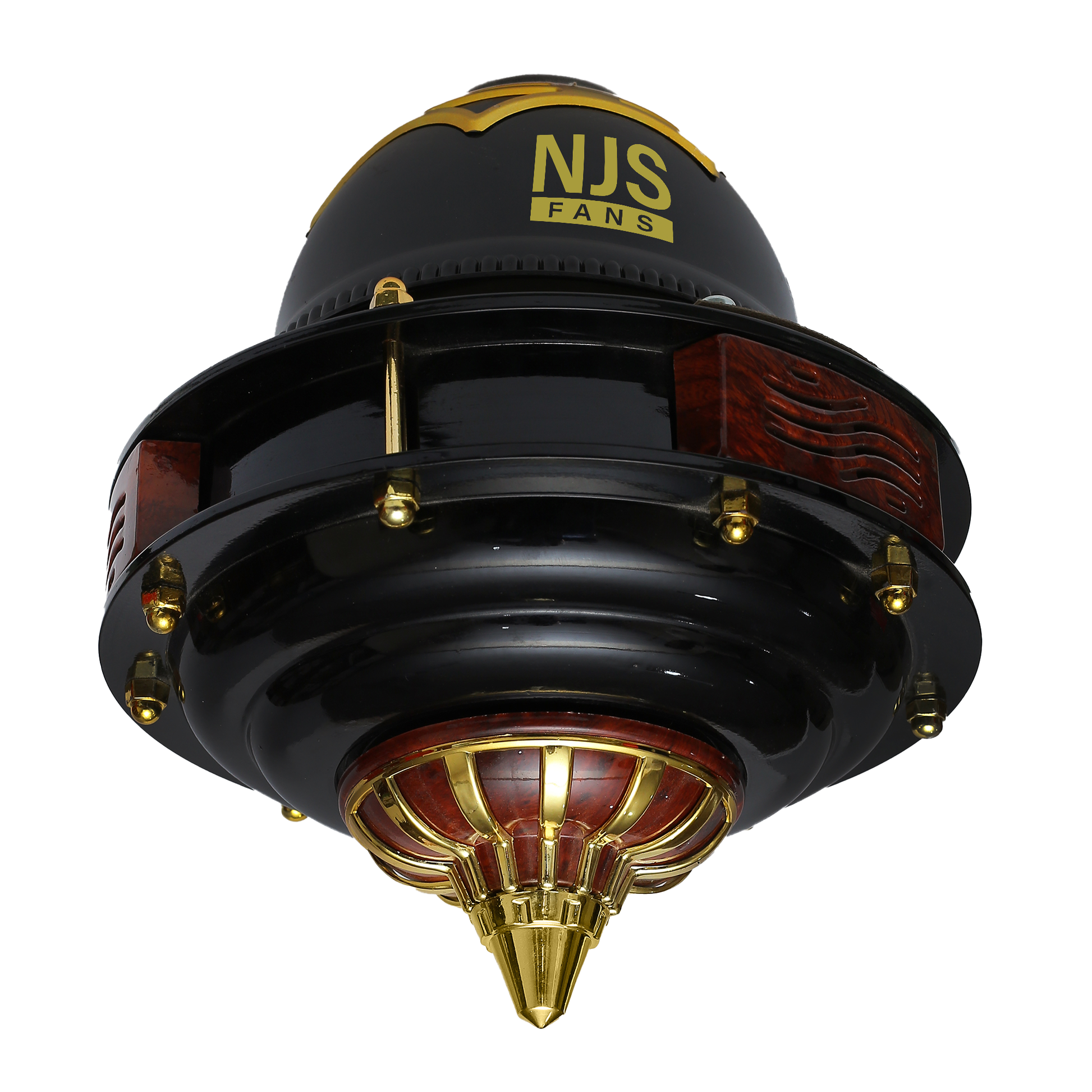 NJS Grace model ceiling fan in black color with golden and brown design, black blades on white background