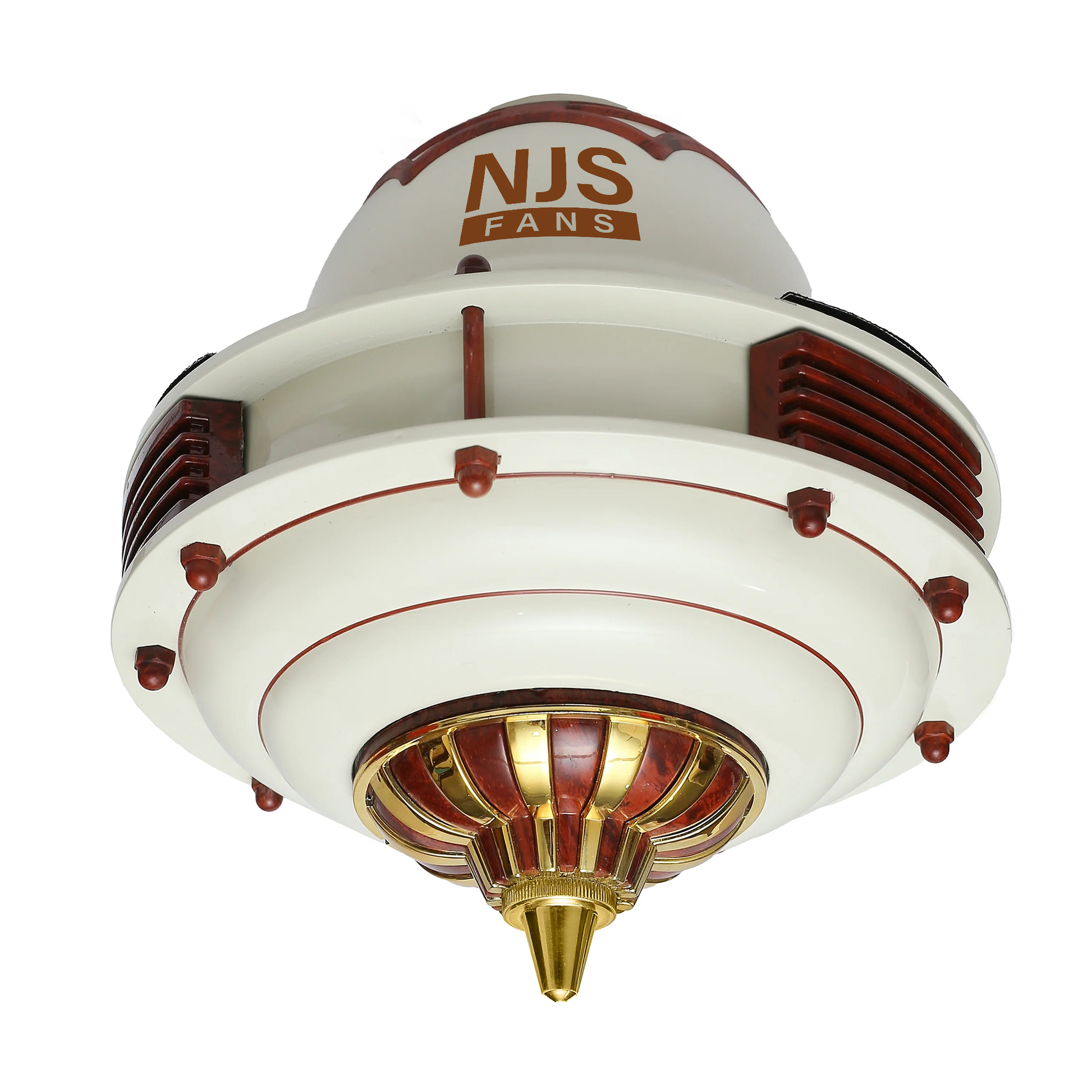 NJS Grace model ceiling fan in off-white color with golden and dark wood design, off-white blades on white background