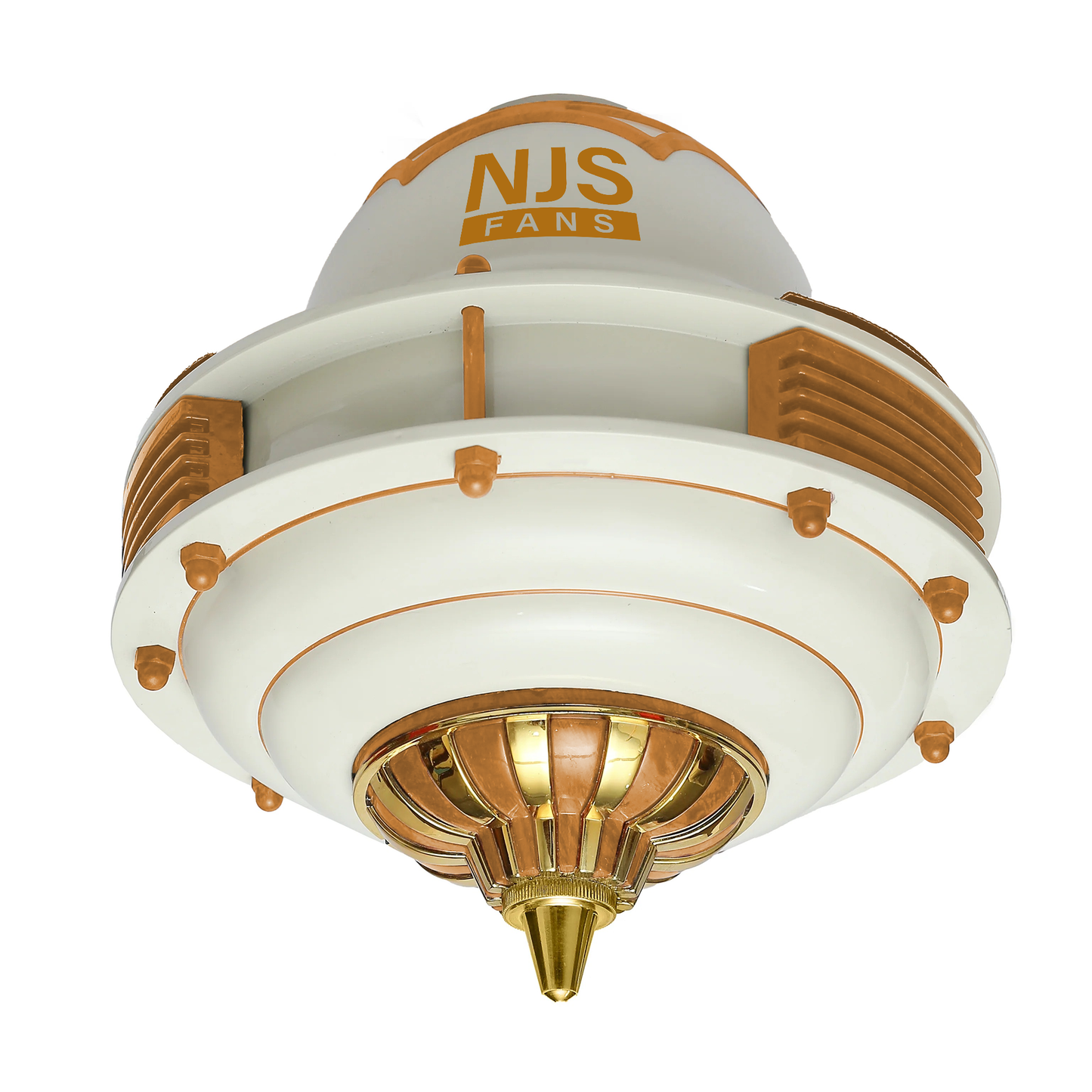 NJS Grace model ceiling fan in off-white color with golden and brown design, off-white blades on white background