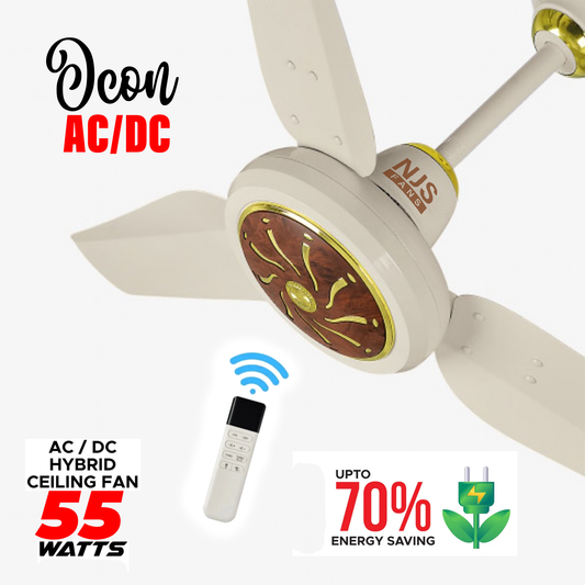 NJS Icon Ceiling Fan – Off-White / Dark Wood | AC/DC Energy Saving Fan in Pakistan