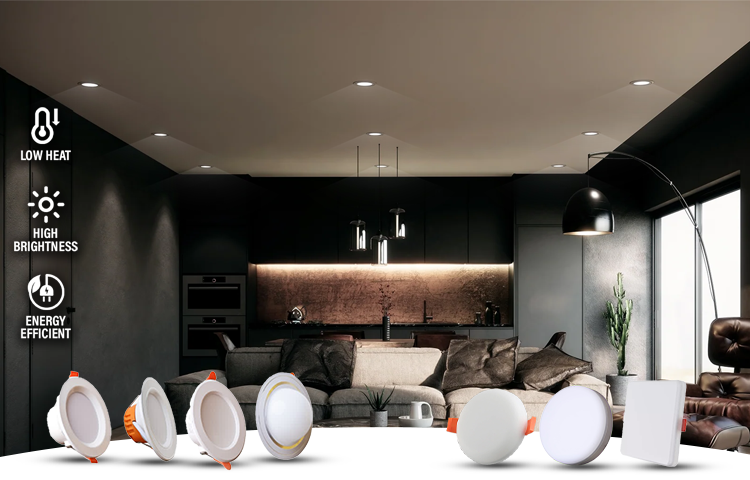 Modern living room displaying NJS branded ceiling lights and energy efficiency features displayed.