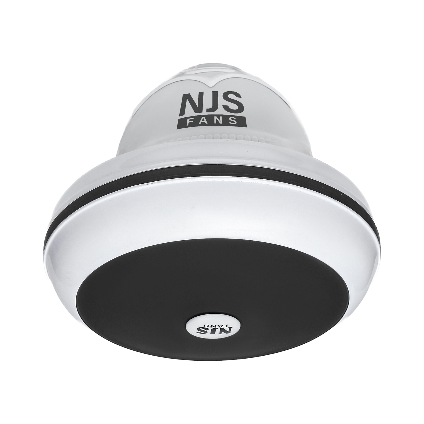 NJS Prime model ceiling fan in white color with black in center, white blades on wihte background