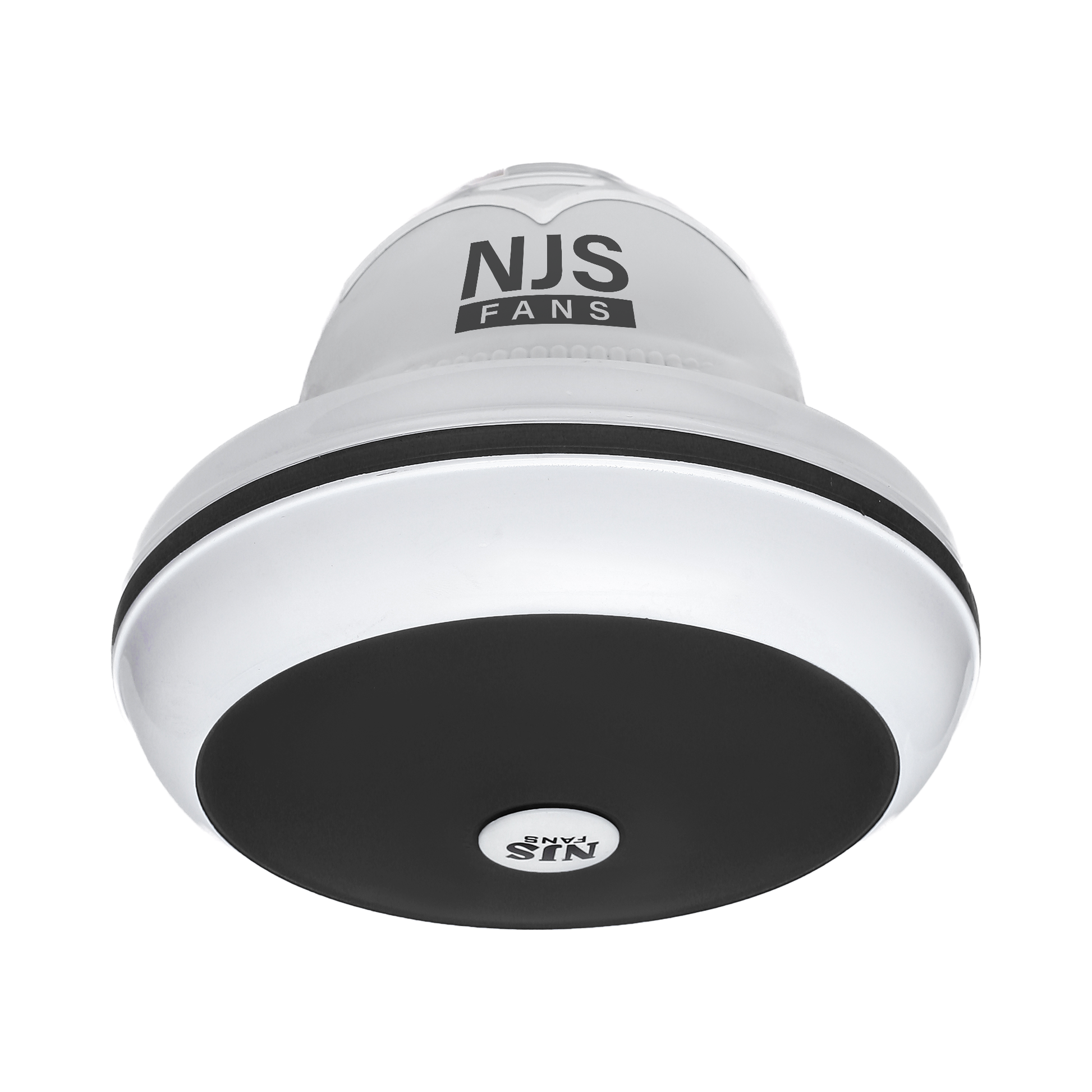 NJS Prime model ceiling fan in white color with black in center, white blades on wihte background