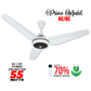 NJS Prime model ceiling fan in white color with black in center, white blades, remote control, AC/DC hybrid, 55 watts, energy saving features.