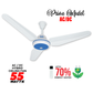 NJS Prime model ceiling fan in white color with blue in center, white blades, remote control, AC/DC hybrid, 55 watts, energy saving features.