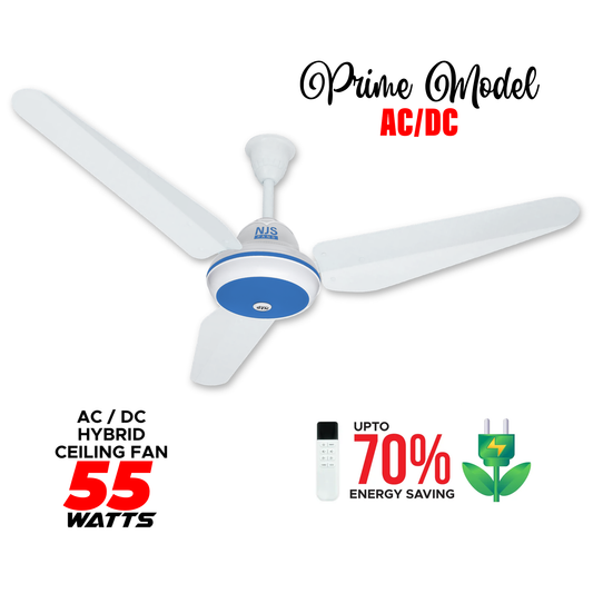 NJS Prime AC/DC Ceiling Fan - 55 Watt Eco-Friendly - White & Blue Color