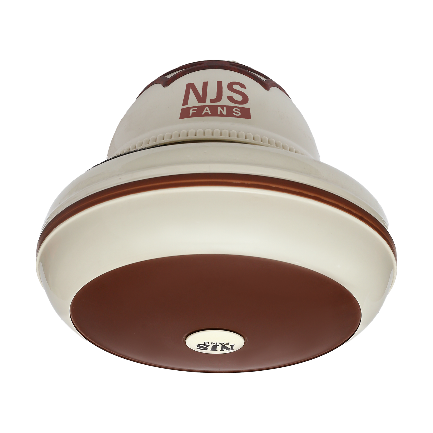 NJS Prime model ceiling fan in off-white color with brown in center, off-white blades on white background