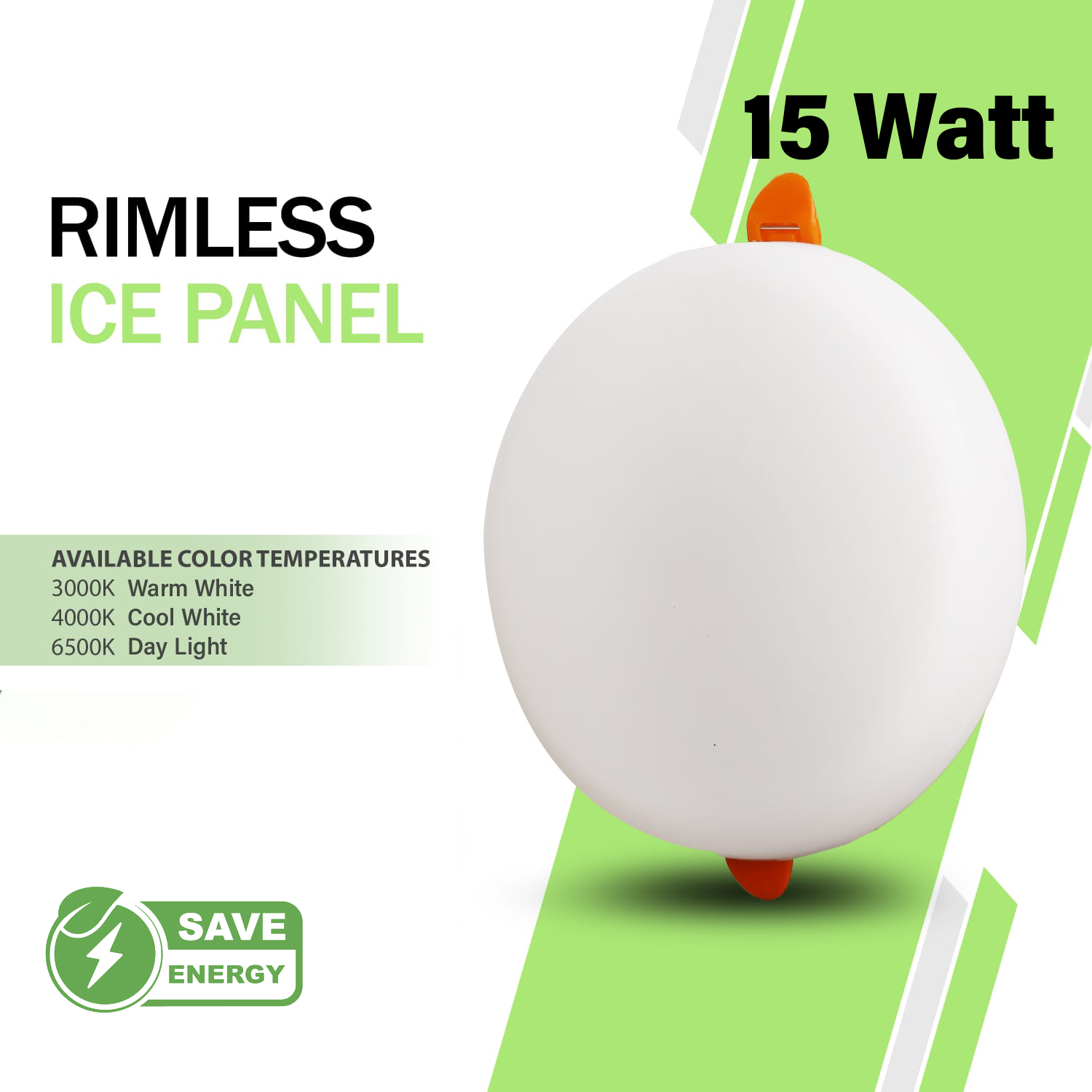 NJS 15 Watt rimless ice panel ceiling light bulb in round shape with color temperature options on a green and white background