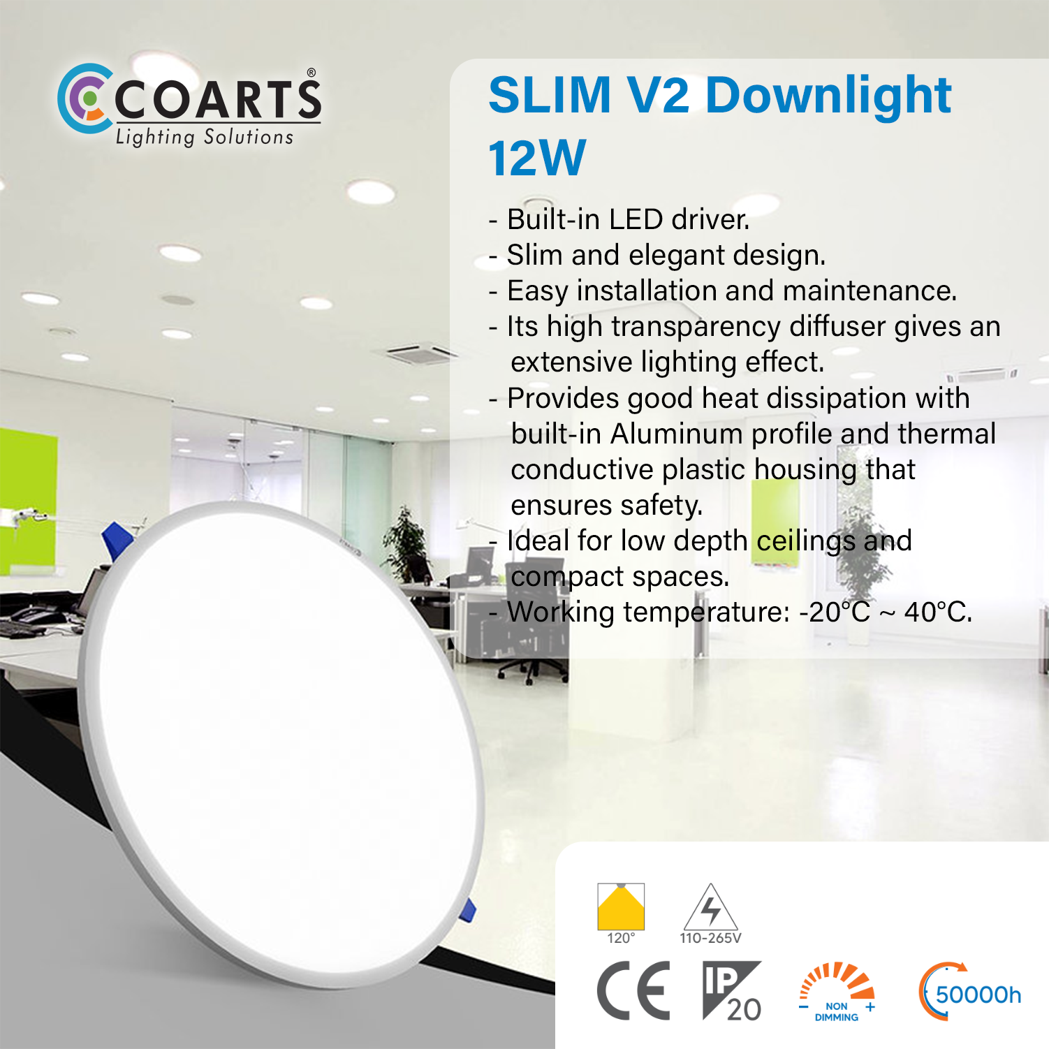 Coarts Slim V2 12W LED recessed downlight with slim profile for home and office ceiling lighting in Pakistan